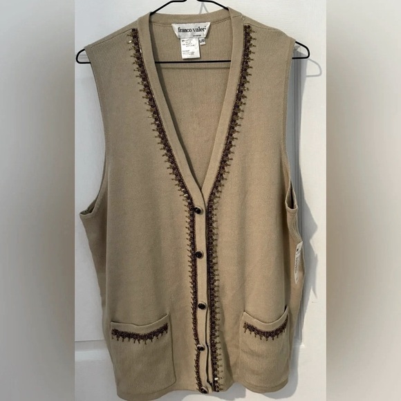 Vintage Jackets & Blazers - NWT Vintage FRANCO VALERI Embellished beaded cotton knit long vest streetwear L